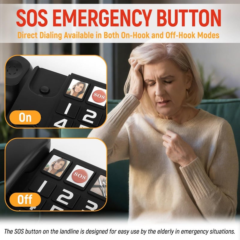 Uvital Big Button Phones for Seniors, Black Corded Landline Phone with 3 One-Touch Dialing Big Buttons, Hands-Free, Loud Ringer, Adjustable Volume, Easy to Use for Elderly - Image 3